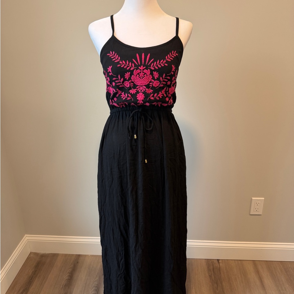Love on a Hanger Black Maxi Dress with Pink Embroidered Bodice